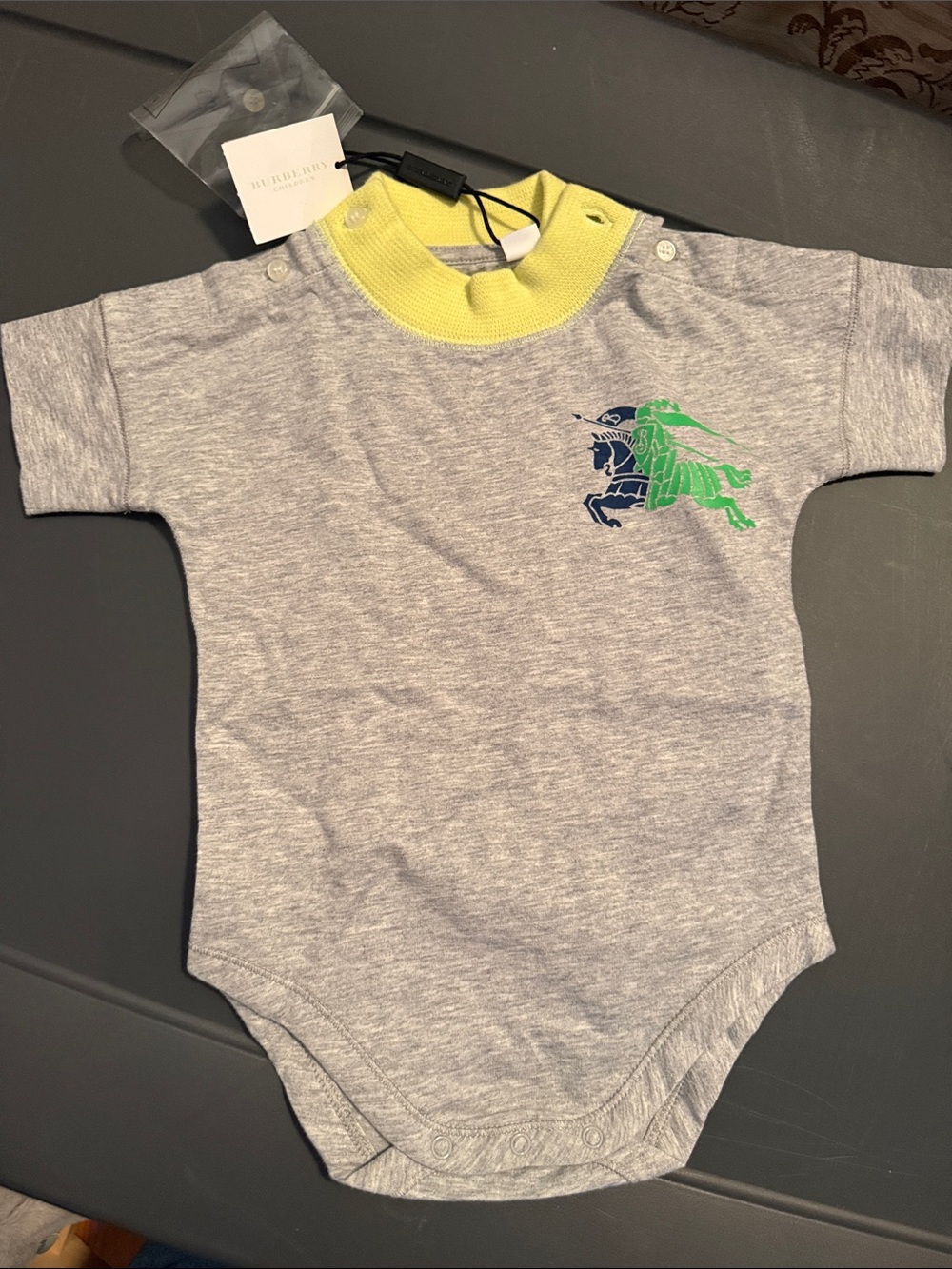 Burberry Grey One-Piece Bodysuit with Lime Green Collar & Navy Logo
